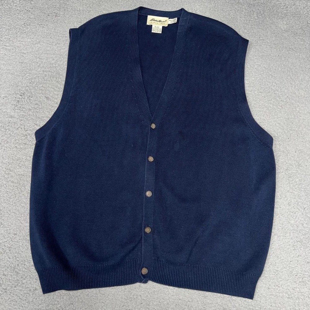 VTG Eddie Bauer Sweater Vest Men's Sz XL Blue Knit Button Front Cardigan Grandpa